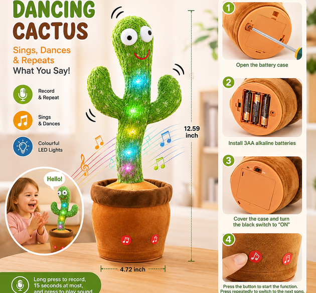 Dancing Talking Cactus Toy – Rechargeable Interactive Musical Plush
